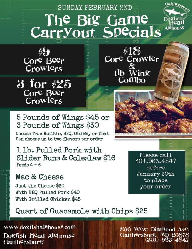 Pre-Order Super Bowl Take-Out Packages - Dogfish Head Alehouse