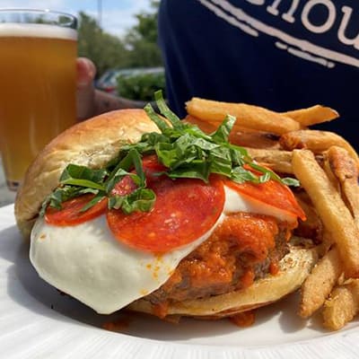 The Margherita Pizza Burger Dogfish Head Alehouse Craft Beer Gaithersburg